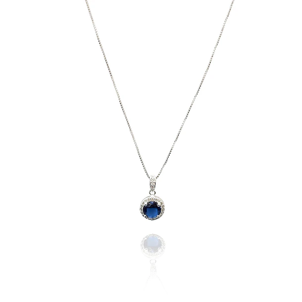 Collar Lady Circón Redondo Azul Blanco Plata Fina 925