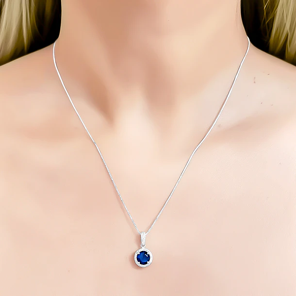Collar Lady Circón Redondo Azul Blanco Plata Fina 925