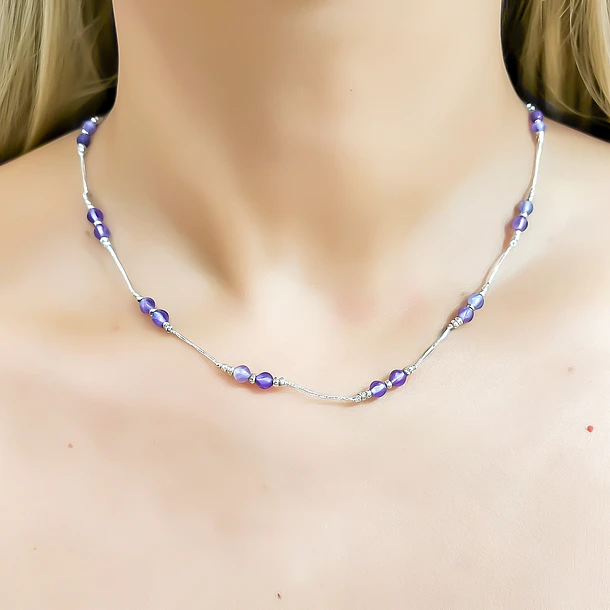 Collar Amatista Facetada 4mm Hilos Plata Fina 925
