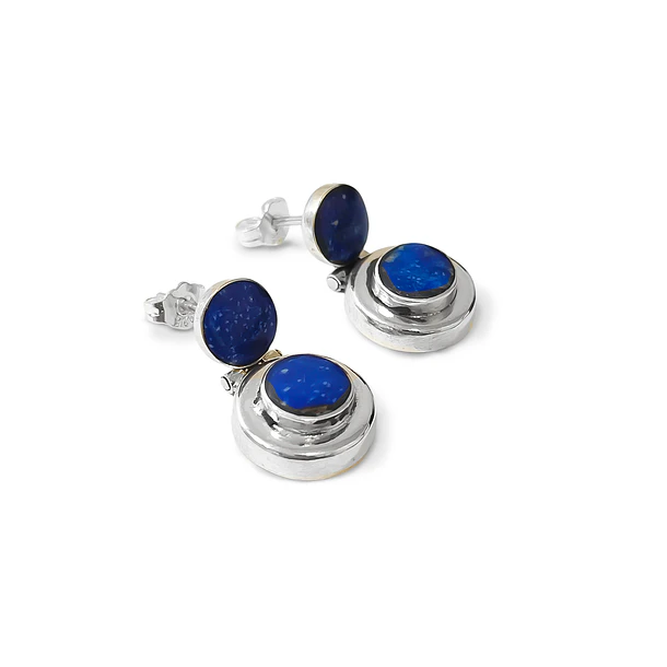 Aros Lapislázuli Redondo Tope Bisagra Plata Fina 950 3