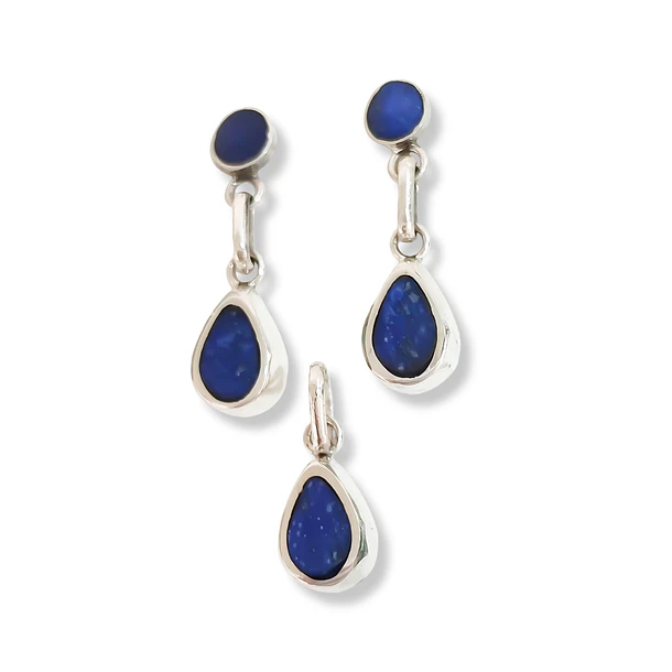 Set Aros Colgante Gota Liso Lapislázuli Plata Fina 950 4