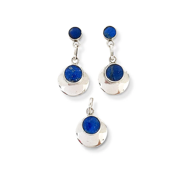 Set y Aros Lapislázuli Redondo Borde Plata Fina 950