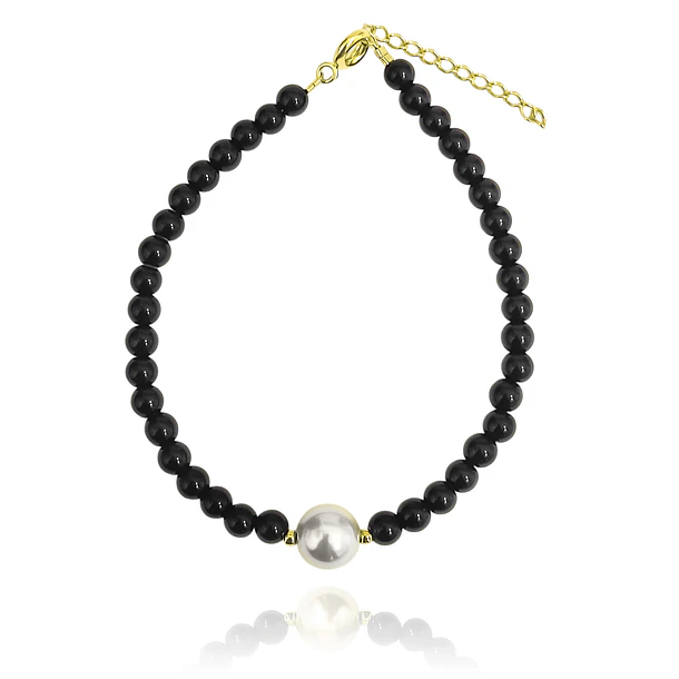 Pulsera Ónix 4mm Shellpearl 8mm Enchapado Oro 18K