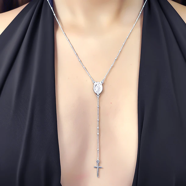 Collar Rosario Virgen De Los Rayos Cadena Limada Plata Fina 925