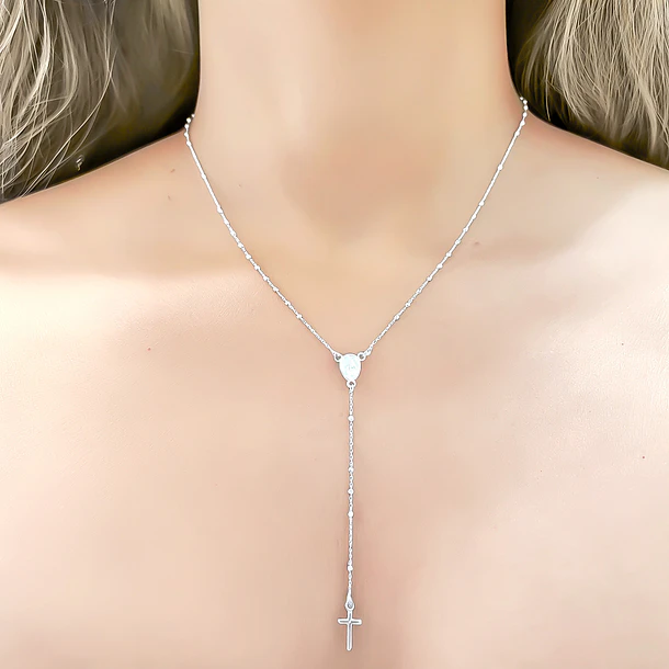 Collar Rosario Virgen De Los Rayos Mini Cadena Limada Plata Fina 925