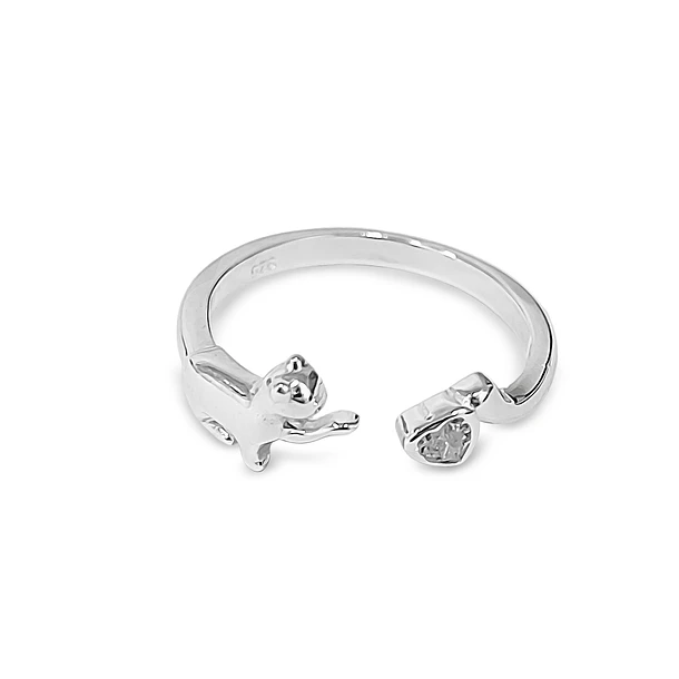Anillo Gato Corazón Circón Adaptable Plata Fina 925 1