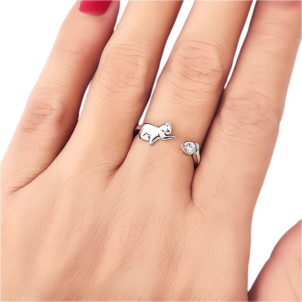 Anillo Gato Corazón Circón Adaptable Plata Fina 925 2