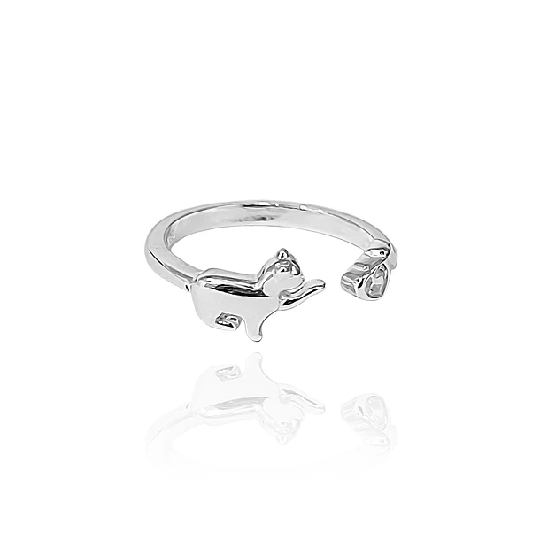 Anillo Gato Corazón Circón Adaptable Plata Fina 925 3