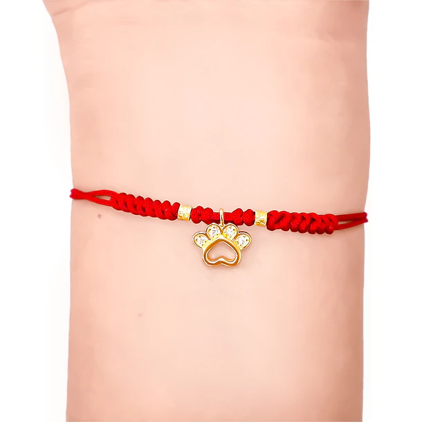 Pulsera Huella Perro Mini Enchapado Oro 18K Cordón Rojo Nudo Serpiente Ajustable 