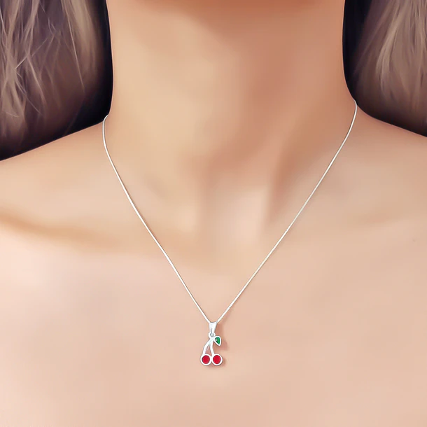 Collar Cereza Esmaltada Cadena Veneciana Plata Fina 925