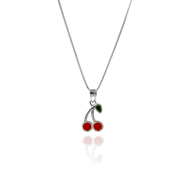 Collar Cereza Esmaltada Cadena Veneciana Plata Fina 925