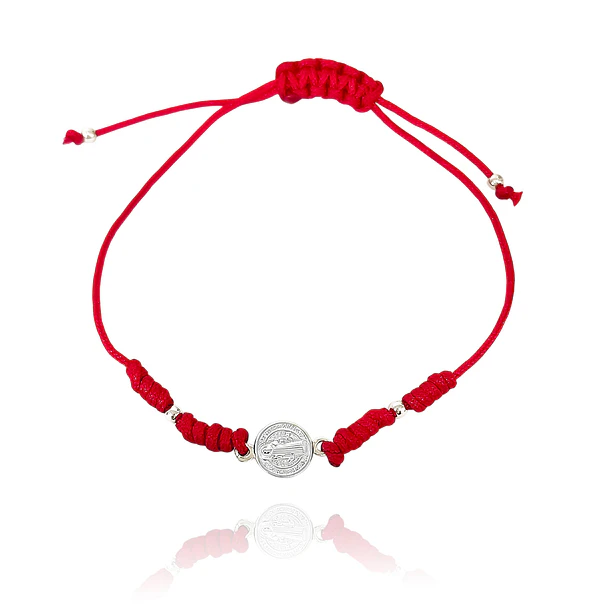 Pulsera Medalla San Benido Plata Fina 925 Nudo Cordón Rojo
