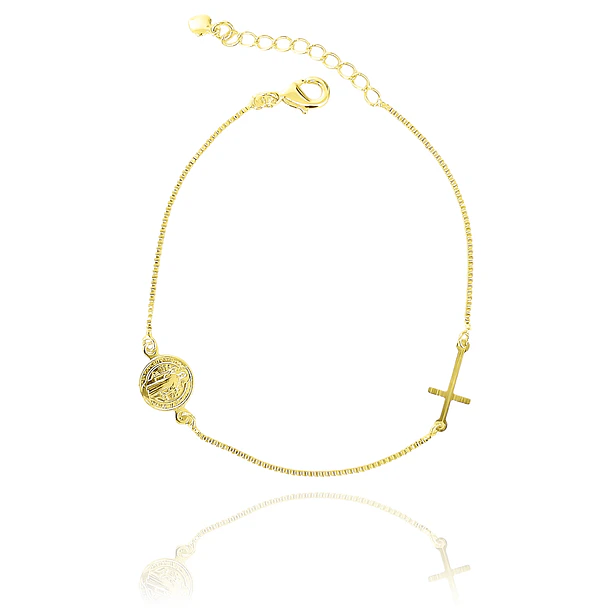 Pulsera Medalla San Benito Cruz Plana Cadena Veneciana Enchapado Oro 18K