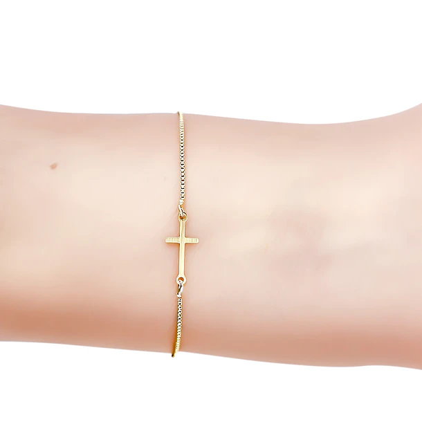 Pulsera Medalla San Benito Cruz Plana Cadena Veneciana Enchapado Oro 18K