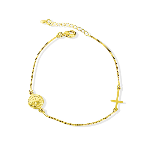Pulsera Medalla San Benito Cruz Plana Cadena Veneciana Enchapado Oro 18K 4