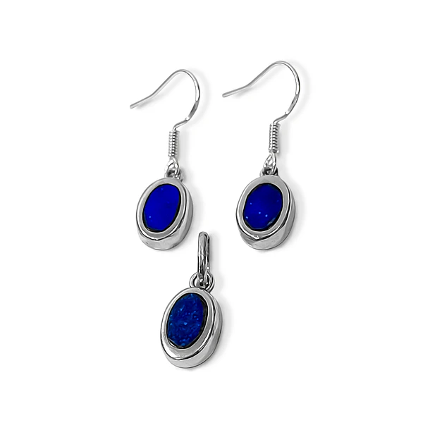 Set Lapislázuli Aros Colgante Ovalado Gancho Plata Fina 950 4