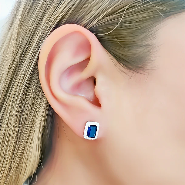 Aros Lady Circón Rectángulo Azul Blanco Plata Fina 925