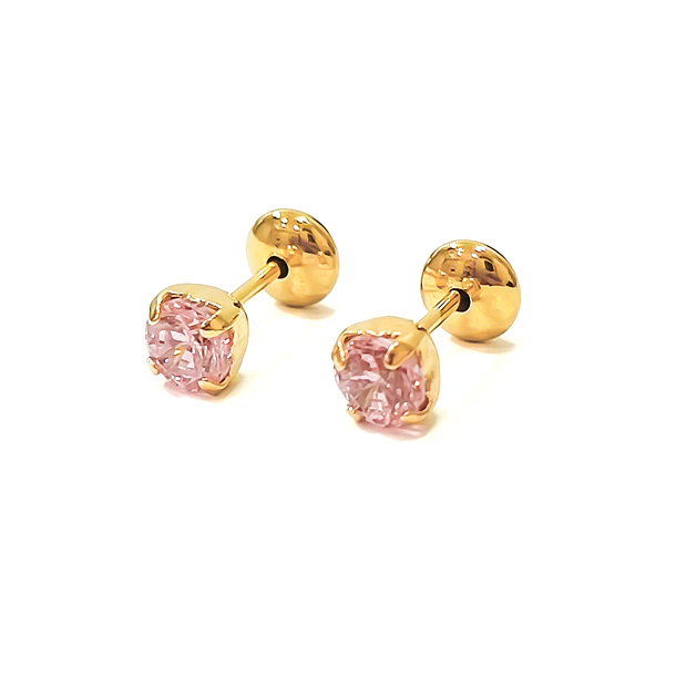 Aros Bebé Circón 4mm Rosado Enchapado Oro 18K 3