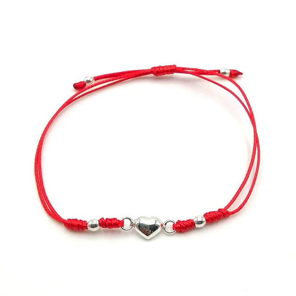 Pulsera Corazón Plata Fina 925 Cordón Rojo