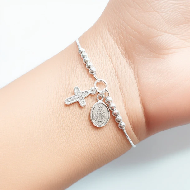 Pulsera Virgen De Los Rayos Cruz Plata Fina 925 