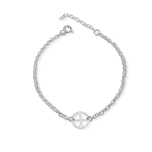 Pulsera Trébol Redondo Calado Eslabón Plata Fina 925 3