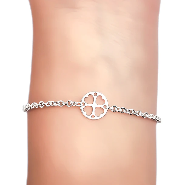 Pulsera Trébol Redondo Calado Eslabón Plata Fina 925