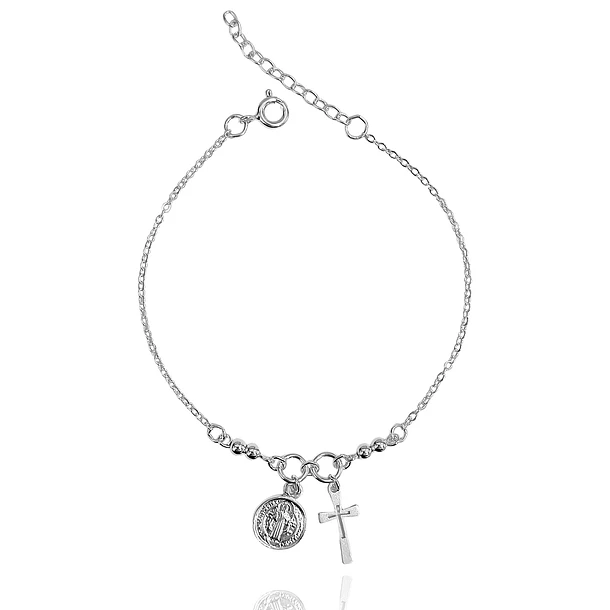 Pulsera San Benito Cruz Bolitas Plata Fina 925
