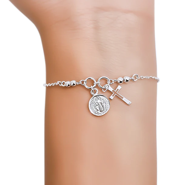 Pulsera San Benito Cruz Bolitas Plata Fina 925