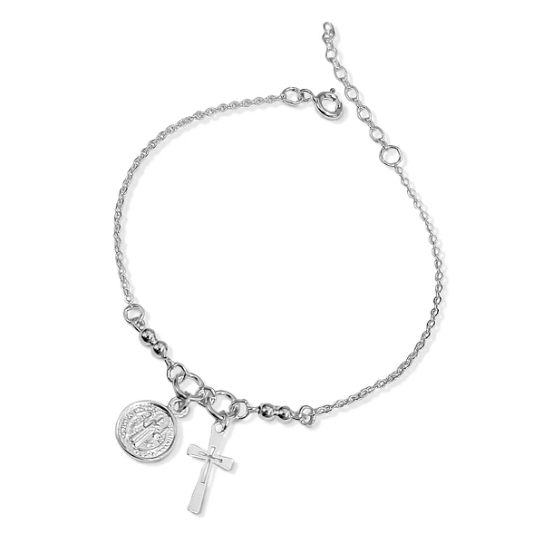 Pulsera San Benito Cruz Bolitas Plata Fina 925 3