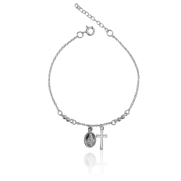 Pulsera Virgen De Los Rayos Cruz Bolitas Plata Fina 925 1