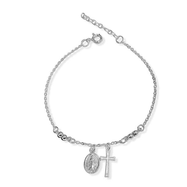 Pulsera Virgen De Los Rayos Cruz Bolitas Plata Fina 925 3