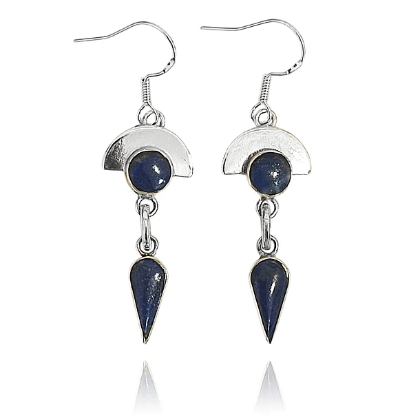 Aros Lapislázuli Media Luna Redondo Gota Plata Fina 950 1