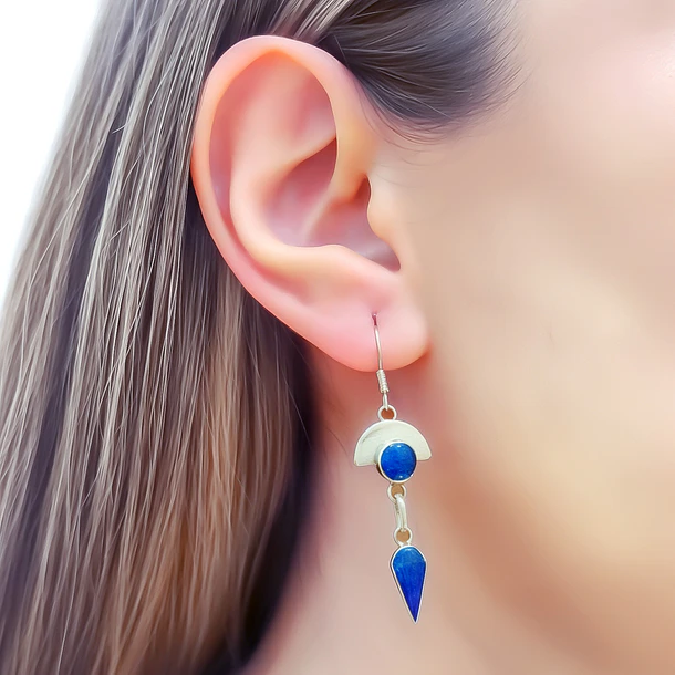 Aros Lapislázuli Media Luna Redondo Gota Plata Fina 950 2