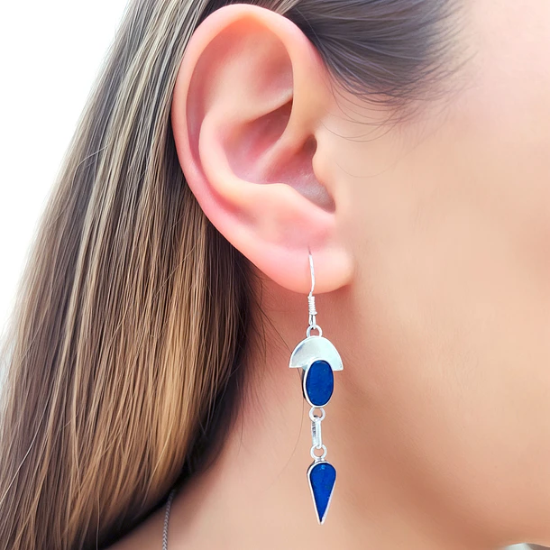 Aros Lapislázuli Media Luna Ovalado Gota Plata Fina 950