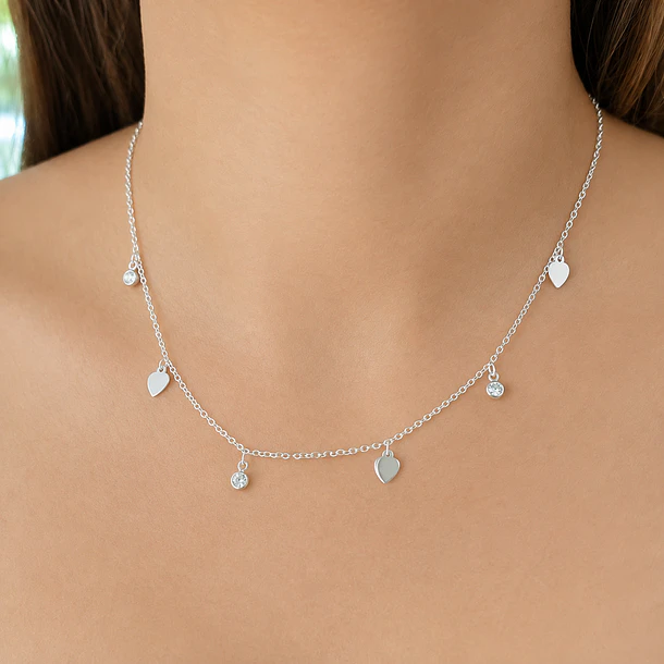 Collar Corazón Circón Redondo Plata Fina 925 
