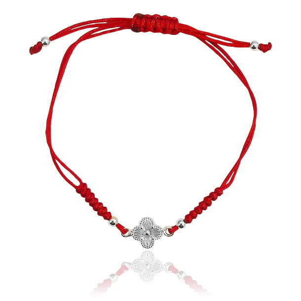 Pulsera Trébol Mini Plata Fina 925 Cordón Rojo Nudo Serpiente  1
