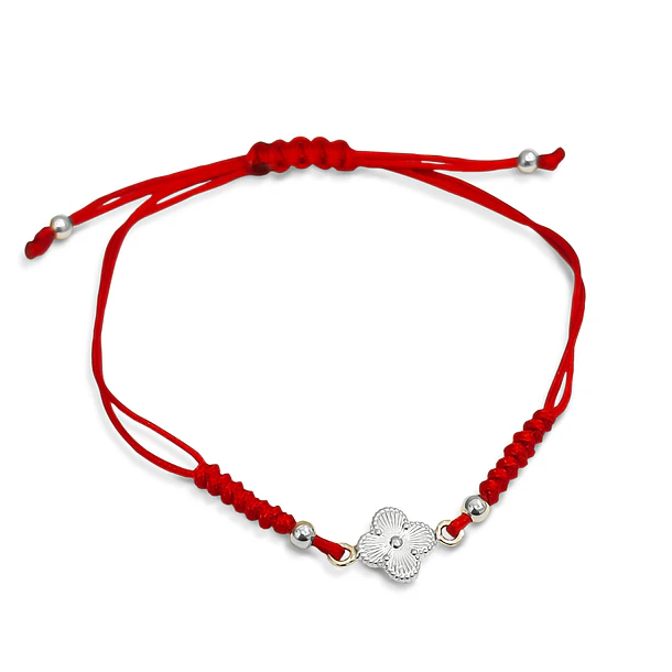 Pulsera Trébol Mini Plata Fina 925 Cordón Rojo Nudo Serpiente  3