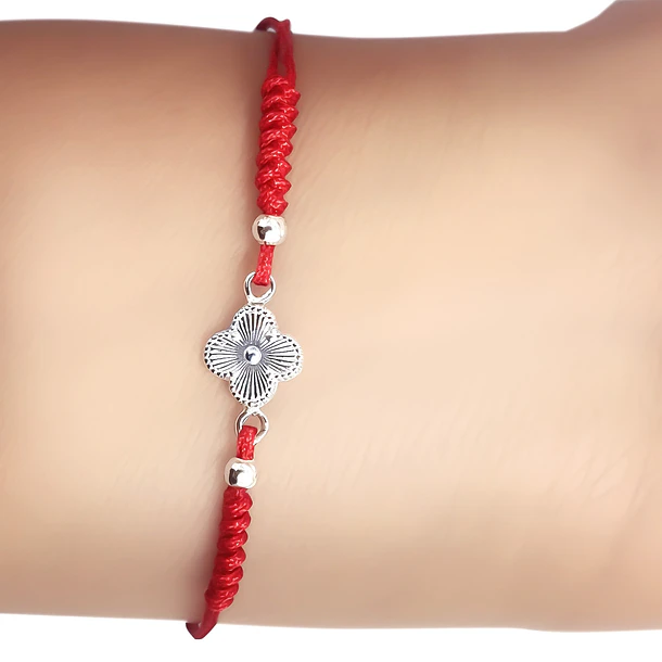 Pulsera Trébol Mini Plata Fina 925 Cordón Rojo Nudo Serpiente  2