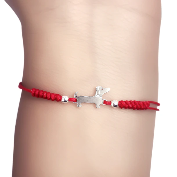  Pulsera Perro Salchicha Mini Plano Plata Fina 925 Cordón Rojo