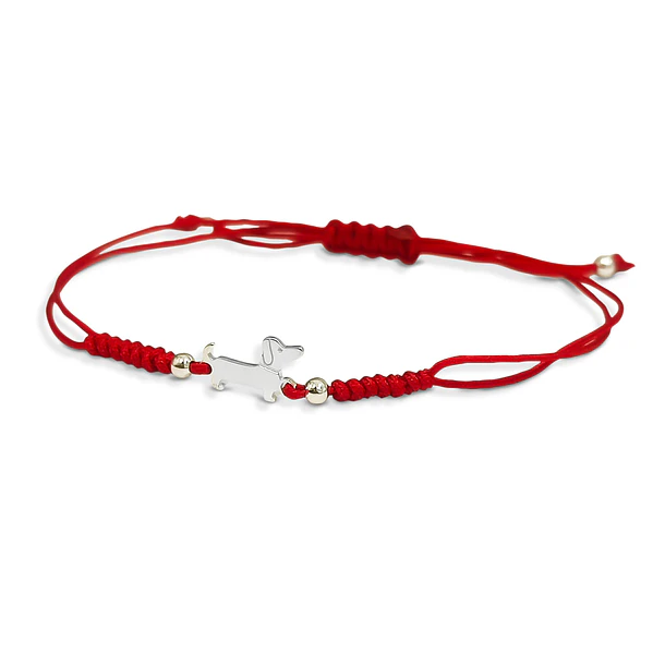  Pulsera Perro Salchicha Mini Plano Plata Fina 925 Cordón Rojo 3