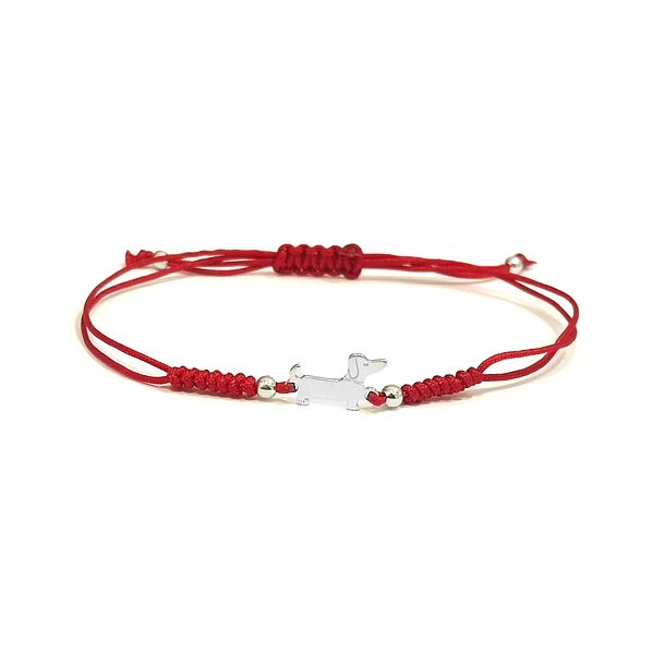  Pulsera Perro Salchicha Mini Plano Plata Fina 925 Cordón Rojo
