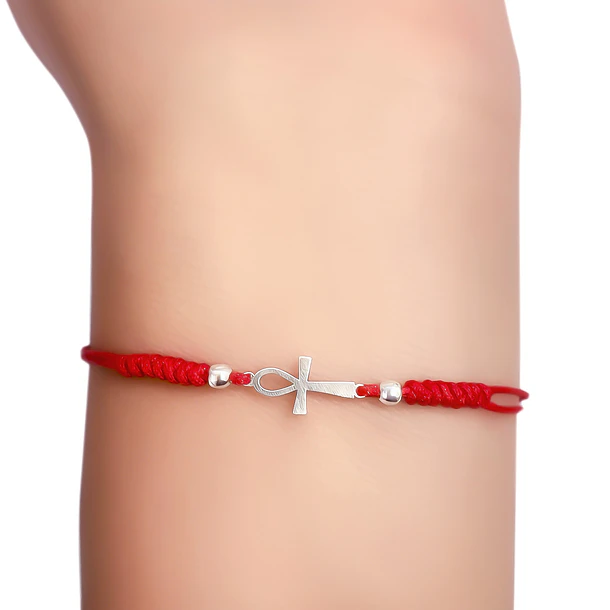 Pulsera Cruz Ankh Mini Plata Fina 925 Cordón Rojo Nudo Serpiente