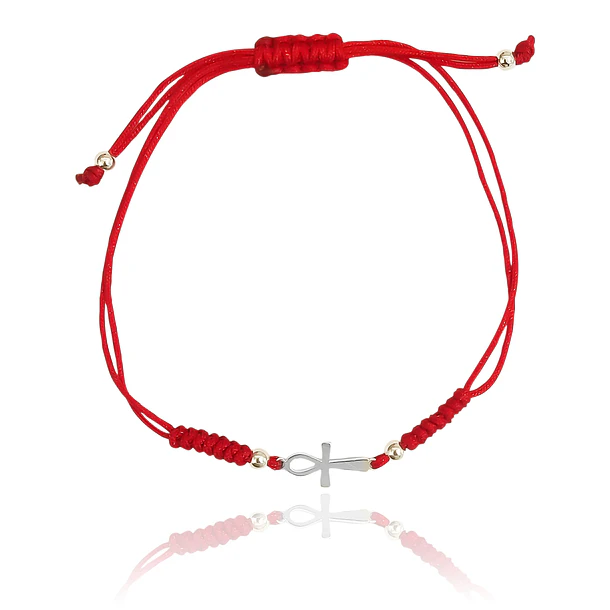 Pulsera Cruz Ankh Mini Plata Fina 925 Cordón Rojo Nudo Serpiente 3