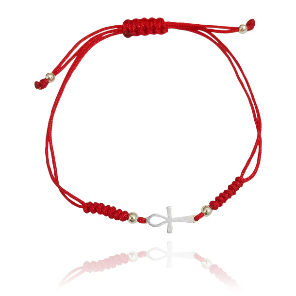 Pulsera Cruz Ankh Mini Plata Fina 925 Cordón Rojo Nudo Serpiente