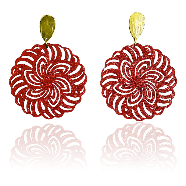 Aros Flor Concentrica Roja PLA Tope Enchapado Oro 18K