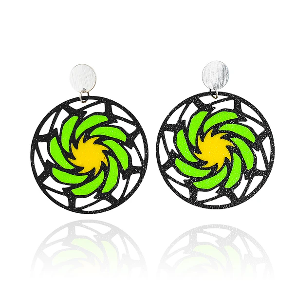 Aros Geométricos Calado Negro Amarillo Verde Tope Plata Fina 925
