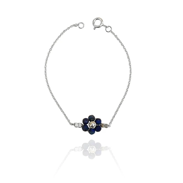 Pulsera Flor Lapizlázuli Cadena Eslabón Plata Fina 925 1