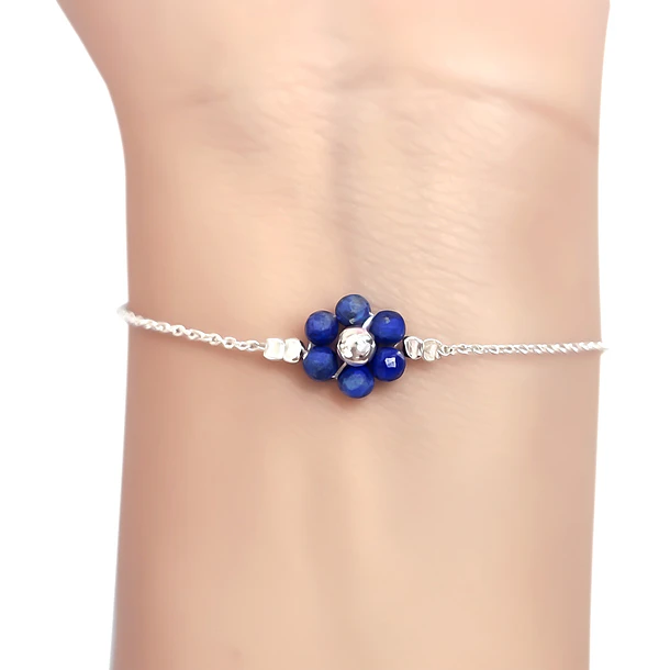 Pulsera Flor Lapizlázuli Cadena Eslabón Plata Fina 925 2