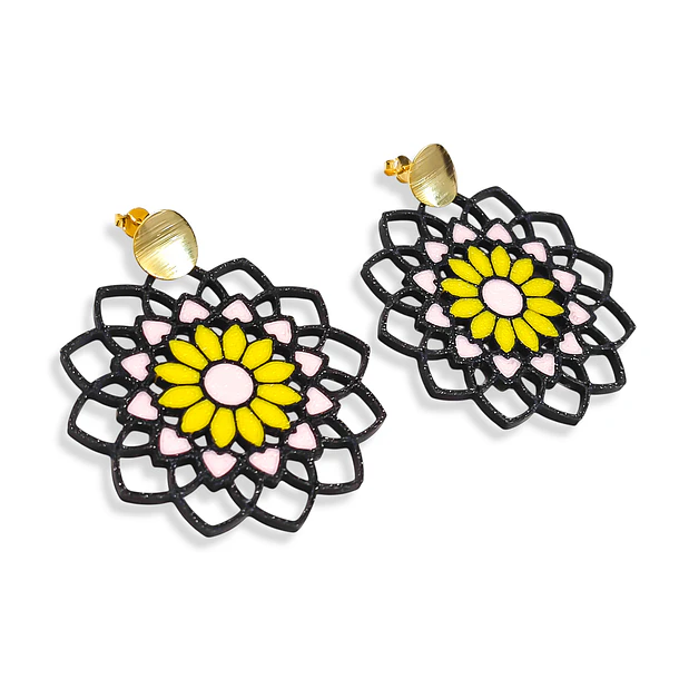 Aros Flor Mosaico Negro Rosa Amarillo PLA Tope Enchapado Oro 18K 3