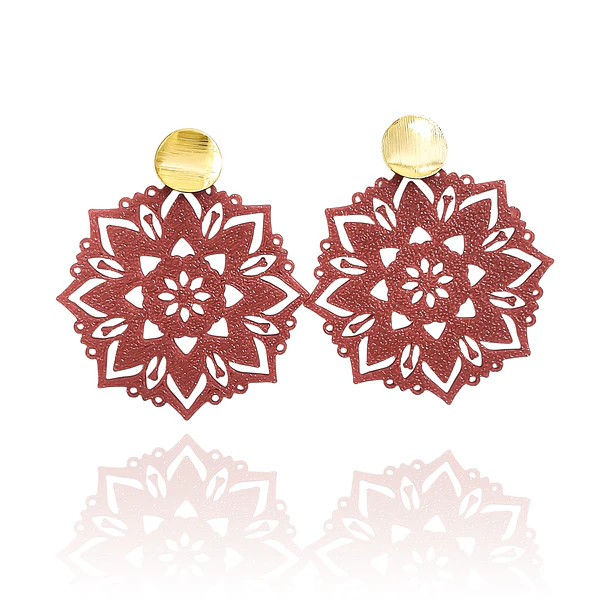 Aros Flor Mandala Rojo PLA Tope Enchapado Oro 18K 1